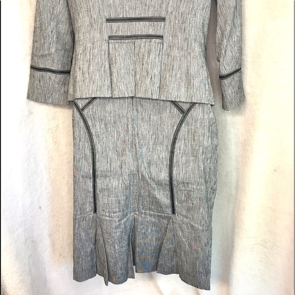 BEBE 2 piece linen blazer suit jacket and skirt set grey black trim collared top - Picture 6 of 10
